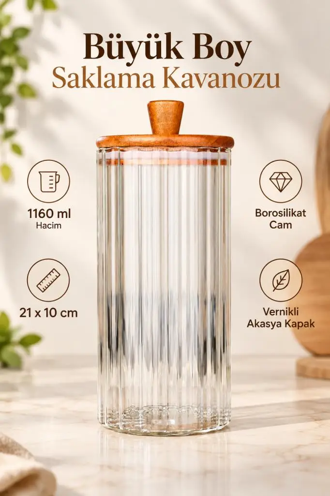 Çizgili Borosilikat Cam Erzak Kavanozu 1160 ml 21x10 cm - Vernikli Akasya Vakum Kapaklı Saklama Kabı