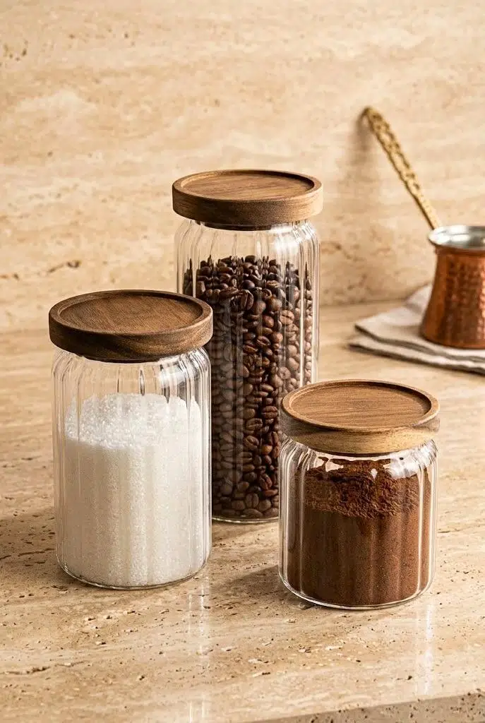 3'lü Akasya Ahşap Vakum Kapaklı Çizgili Cam Kavanoz Seti 500-700-1000 ML - Oluklu Baharat Ve Kahve Kavanozu