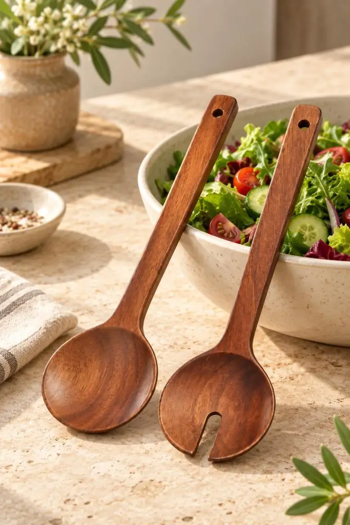 Atbyhome 2'li Akasya Ahşap Salata Servis Kaşığı Seti 27.5 cm - Çatallı Oluklu Sunum Kaşık Çatal Takımı