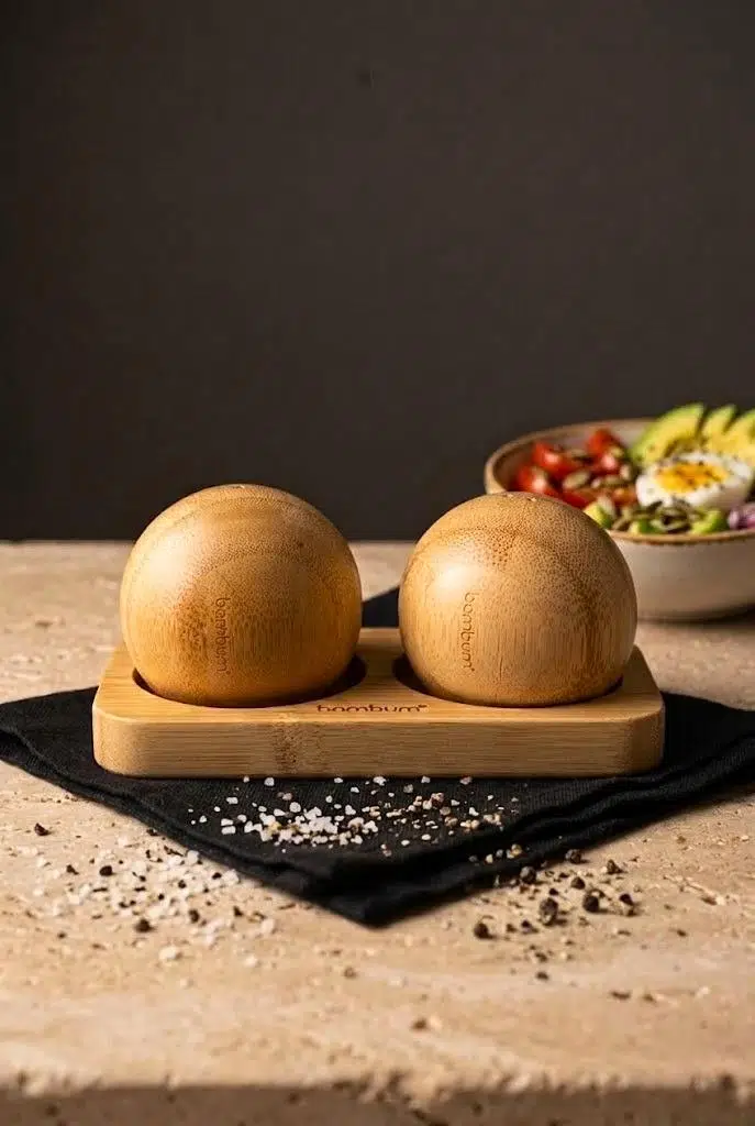 Bambu Stantlı 2'li Küre Tuzluk Biberlik Seti 16x8.5 cm - Doğal Yuvarlak Top Bambu Baharatlık Takımı
