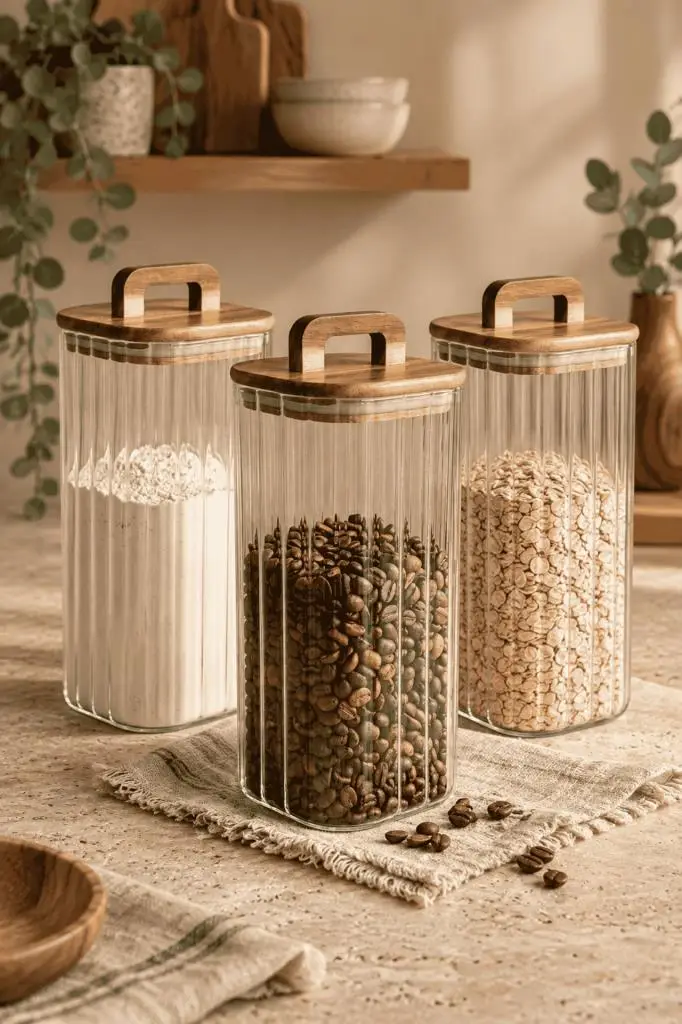 Atbyhome 3'lü Kulplu Akasya Ahşap Kapaklı Çizgili Cam Kavanoz Seti 1850 ml - Vakumlu Kare Spagetti Erzak Kabı