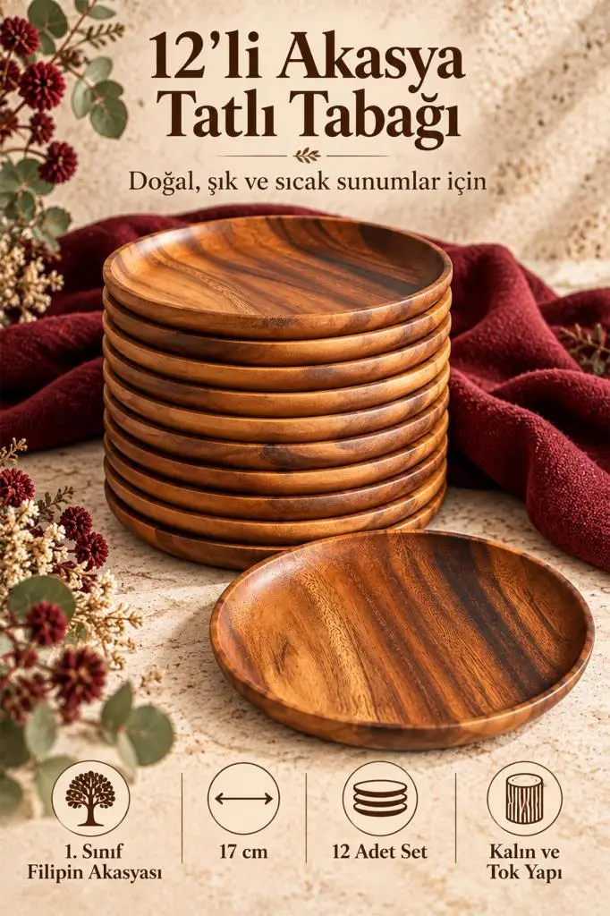 Atbyhome 12'li Akasya Ahşap Tatlı Tabağı Seti 17 cm - Doğal Yuvarlak Pasta Çay Saati Sunum Tabağı