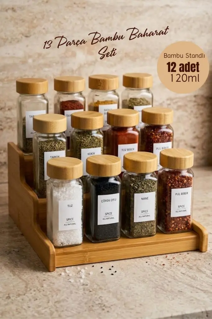 Atbyhome 13 Parça Bambu Standlı Baharatlık Seti - 12 Adet 120 ml Cam Baharat Takımı