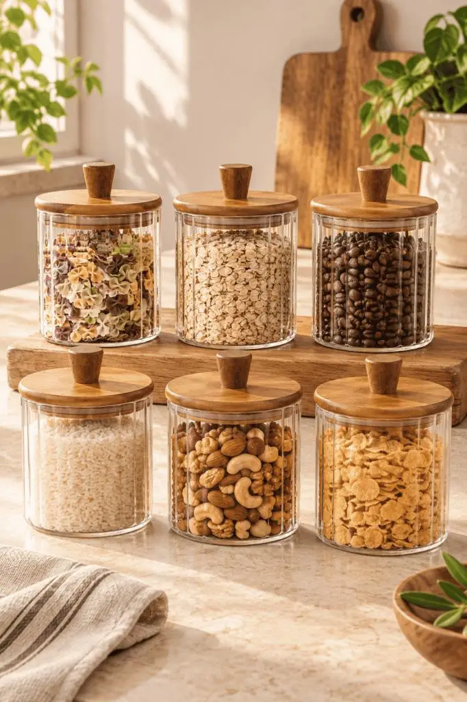Atbyhome 6'lı Akasya Ahşap Kapaklı Çizgili Cam Kavanoz 600 ml - Vakumlu Erzak Ve Baharat Kabı