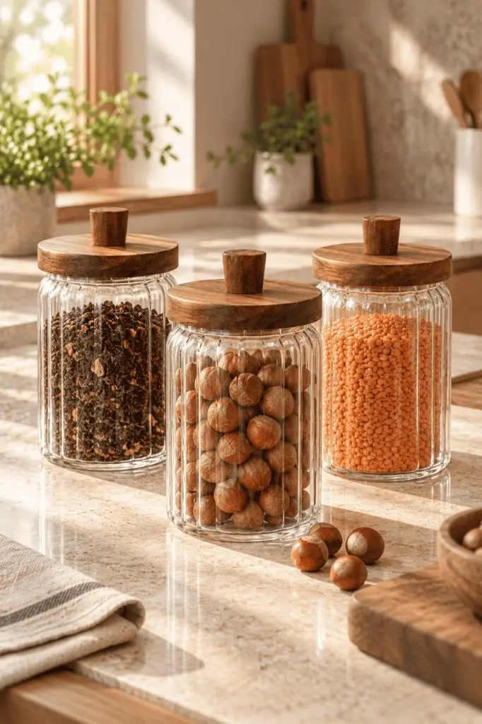 Atbyhome 3'lü Akasya Ahşap Kapaklı Çizgili Cam Kavanoz Seti 700 ml - Vakumlu Erzak Ve Baharat Kabı