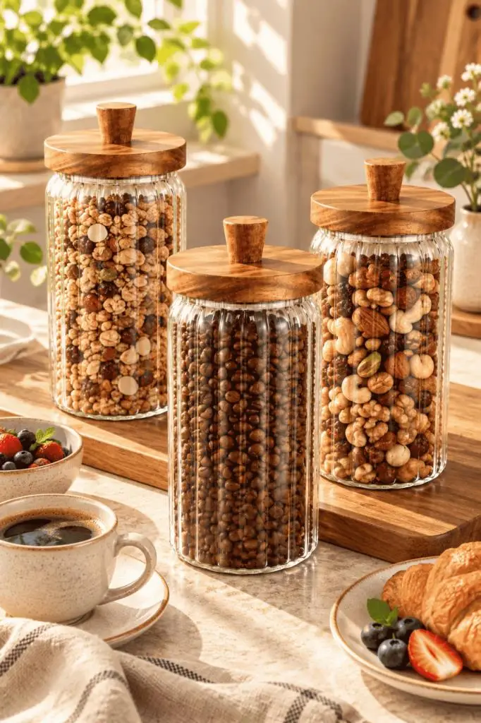 Atbyhome 3'lü Akasya Ahşap Kapaklı Çizgili Cam Kavanoz Seti 950 ml - Vakumlu Erzak Bakliyat Kabı