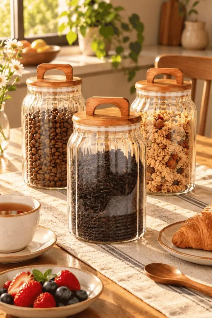 Atbyhome 3'lü Kulplu Ahşap Kapaklı Çizgili Borosilikat Cam Kavanoz Seti 1600 ml - Vakumlu Büyük Boy Erzak Kabı