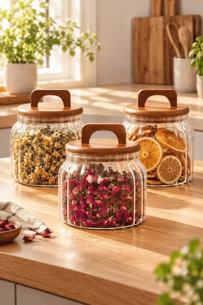 Atbyhome 3'lü Kulplu Ahşap Kapaklı Çizgili Borosilikat Cam Kavanoz Seti 850ml - Vakumlu Büyük Boy Erzak Kabı