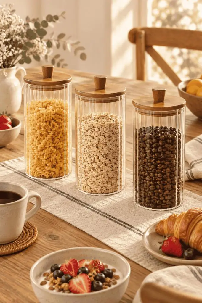 Atbyhome 3'lü Akasya Ahşap Kapaklı Çizgili Cam Kavanoz 1160 ml - Vakumlu Erzak Ve Bakliyat Kabı