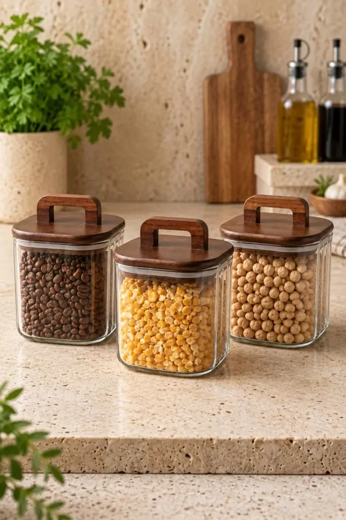 Atbyhome 3'lü Kulplu Akasya Ahşap Kapaklı Çizgili Cam Kavanoz Seti 700 ml - Vakumlu Kare Kahve Ve Bakliyat Kabı