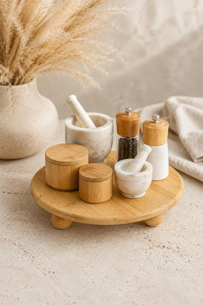 Atbyhome 3 Top Ayaklı Doğal Bambu Sunum Standı 26.5x5 cm - Yuvarlak Mutfak Tezgah Üstü Düzenleyici Tepsi
