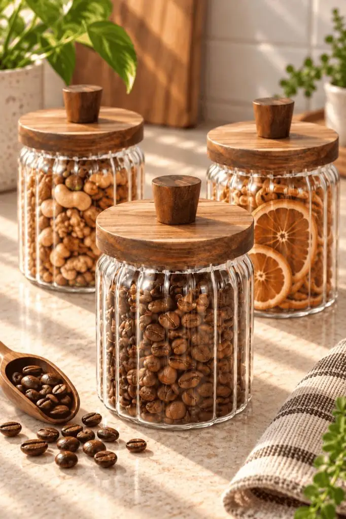 Atbyhome 3'lü Akasya Ahşap Kapaklı Çizgili Cam Kavanoz 450 ml - Vakumlu Baharat Ve Erzak Seti