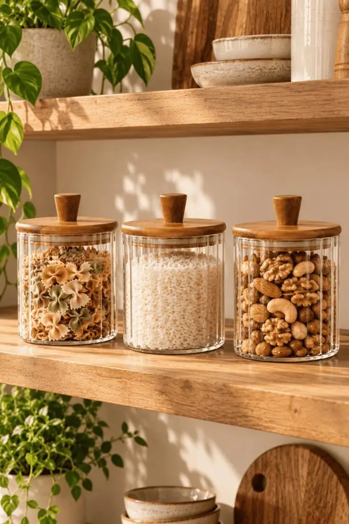 Atbyhome 3'lü Akasya Ahşap Kapaklı Çizgili Cam Kavanoz 600 ml - Vakumlu Erzak Ve Baharat Kabı