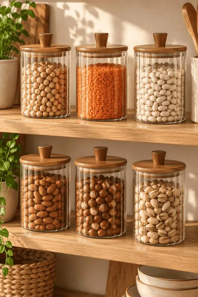 Atbyhome 6'lı Akasya Ahşap Kapaklı Çizgili Cam Kavanoz 860 ml - Vakumlu Erzak Ve Baharat Seti