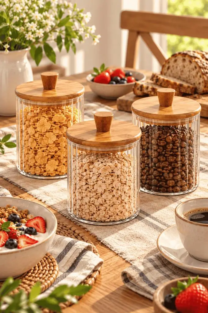 Atbyhome 3'lü Akasya Ahşap Kapaklı Çizgili Cam Kavanoz 860 ml - Vakumlu Erzak Ve Baharat Seti