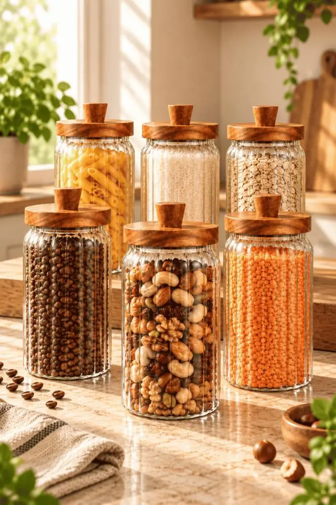 Atbyhome 6'lı Akasya Ahşap Kapaklı Çizgili Cam Kavanoz Seti 950 ml - Vakumlu Erzak Bakliyat Kabı