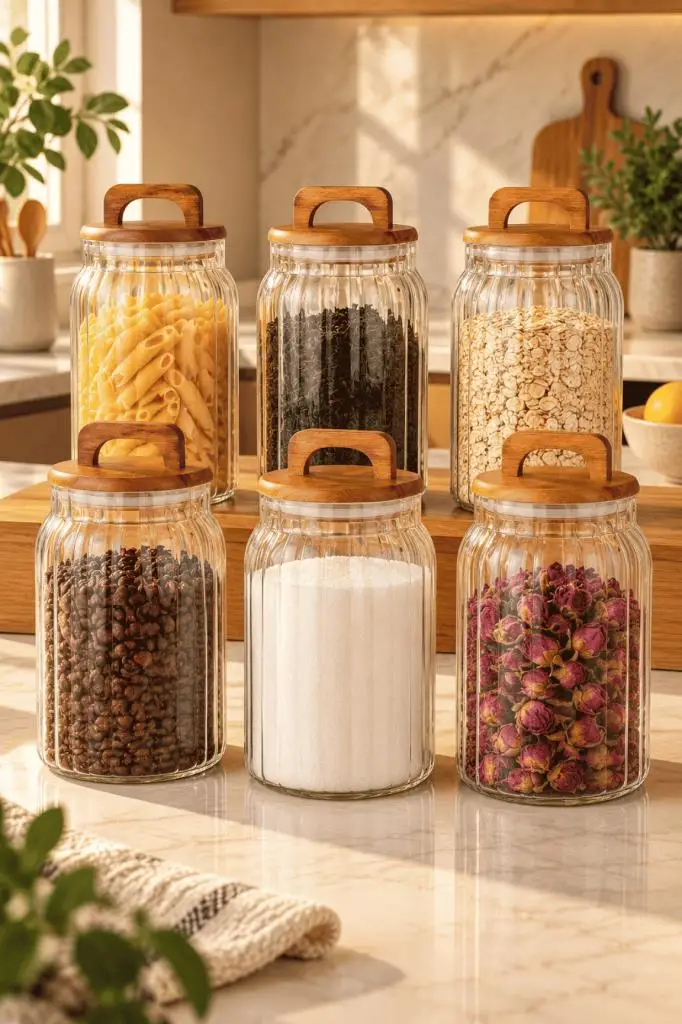 Atbyhome 6'lı Kulplu Ahşap Kapaklı Çizgili Borosilikat Cam Kavanoz Seti 1600 ml - Vakumlu Büyük Boy Erzak Kabı