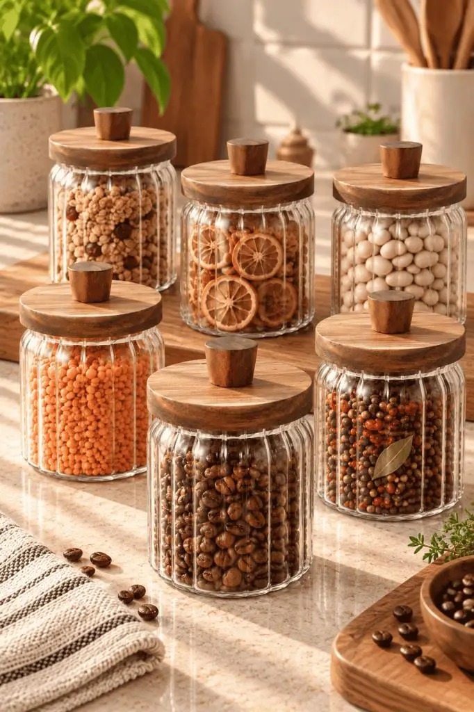 Atbyhome 6'lı Akasya Ahşap Kapaklı Çizgili Cam Kavanoz 450 ml - Vakumlu Baharat Ve Erzak Seti