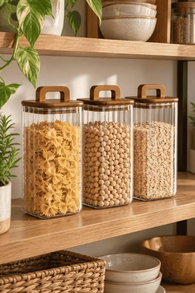 Atbyhome 3'lü Kulplu Akasya Ahşap Kapaklı Çizgili Cam Kavanoz Seti 1500 ml - Vakumlu Erzak Bakliyat Kabı