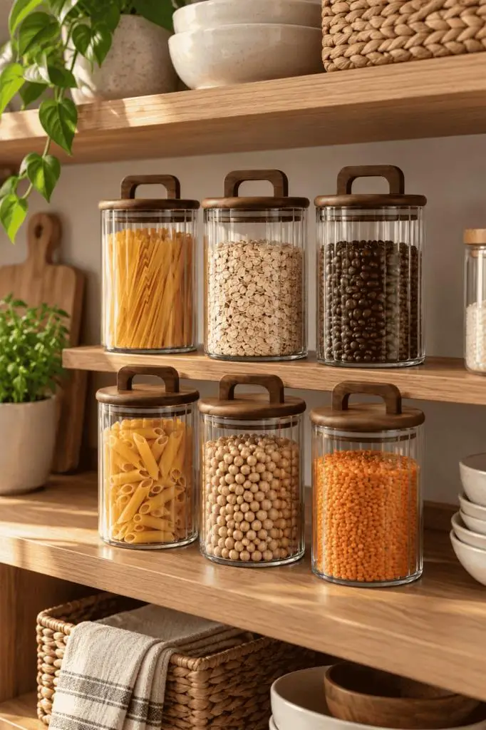 Atbyhome 6'lı Kulplu Akasya Ahşap Kapaklı Çizgili Cam Kavanoz Seti 950 ml - Vakumlu Erzak Bakliyat Kabı