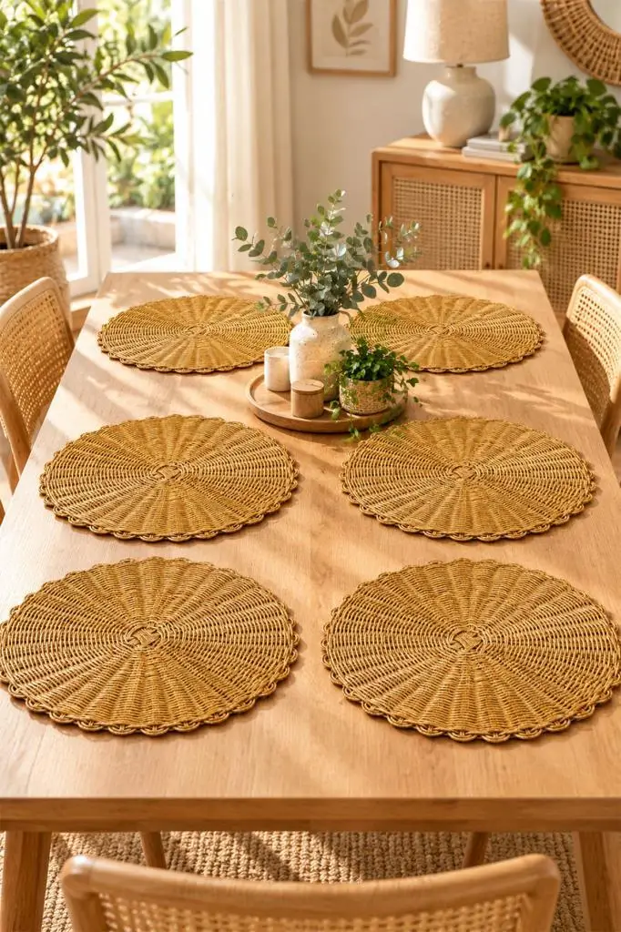 Atbyhome 6'lı Rattan Yuvarlak Supla 36 cm - Bohem Örgü Amerikan Servisi Ve Dekoratif Tabak Altlığı Seti