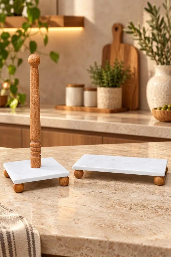 Atbyhome 2'li Mermer Kağıt Havluluk Ve Ahşap Ayaklı Tezgah Üstü Sunum Standı Yağdanlık Altlığı Seti