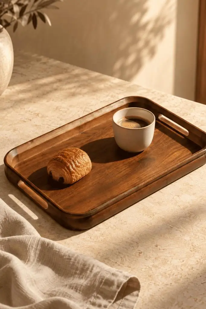 Atbyhome Akasya Kulplu Servis Tepsisi 42x28x4 cm - Büyük Boy Dikdörtgen Kahvaltı Ve Kahve Sunum Tepsisi