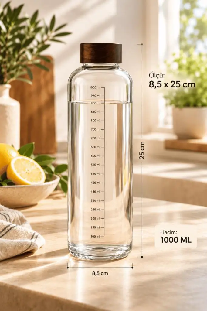 Atbyhome Akasya Kapaklı Ölçü Çizgili Cam Su Şişesi 1000 ml - 1 Litre Buzdolabı İçi Detoks Sürahisi Ve Matara