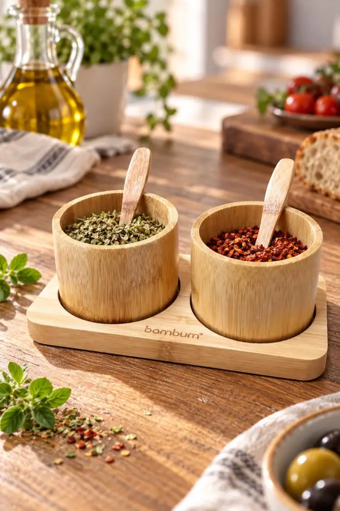 Atbyhome Bambum 5 Parça Bambu 2'li Baharatlık Seti - Kaşıklı Masa Üstü Baharat Kasesi Ve Servis Standı Sunumluk