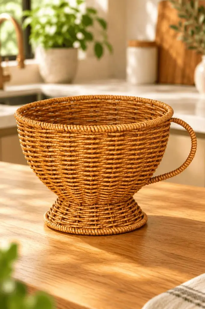 Atbyhome Büyük Boy Doğal Hasır Rattan Kupa Sepet 20x16 cm - Kulplu Ayaklı Masa Üstü Ekmeklik Ve Meyvelik