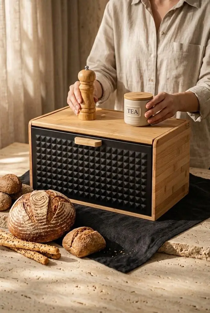 Atbyhome Çift Açılır Kapaklı Bambu Ekmek Kutusu 35.5x23.5x21 cm - Siyah Mat Metal Tezgah Üstü Ekmeklik