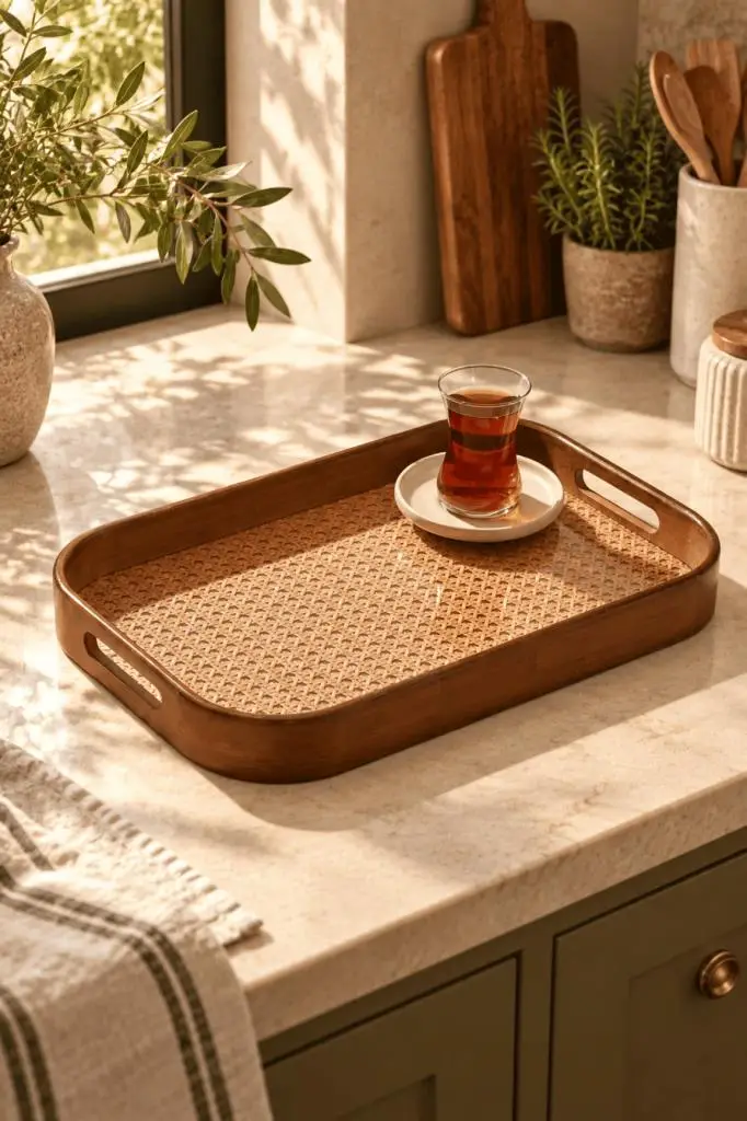 Atbyhome Akasya Çerçeveli Hazeran Dikdörtgen Tepsi 40x28 cm - Kulplu Bohem Çay Kahve Sunum Tepsisi