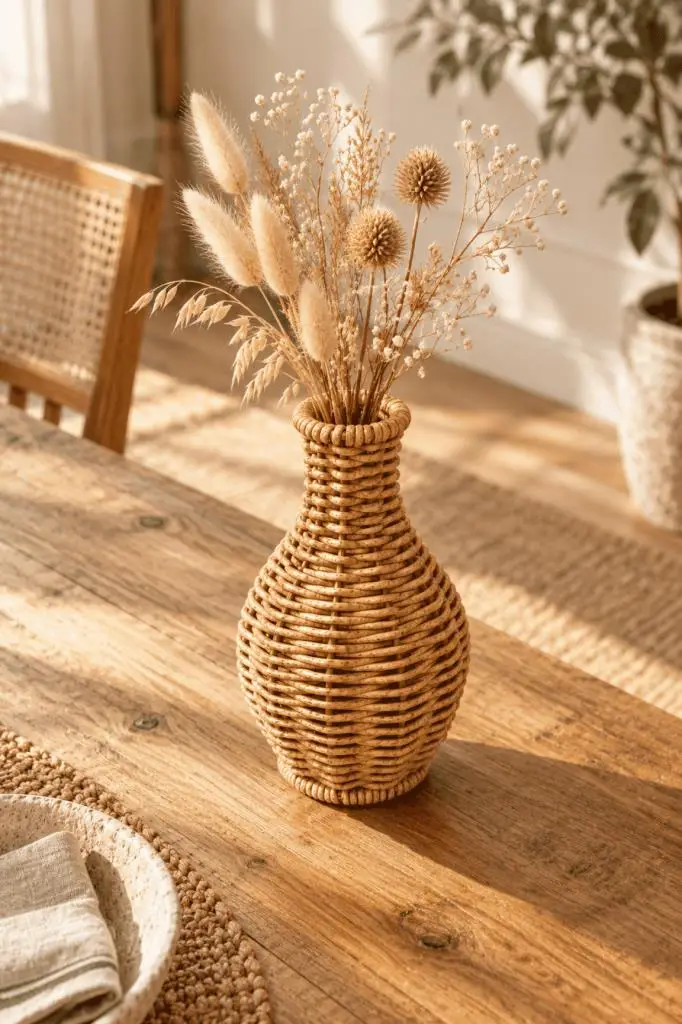 Atbyhome Doğal Hasır Rattan Amfora Çiçek Vazosu 16 cm - Masa Üstü Dekoratif El Örgüsü Kuru Çiçeklik Vazo