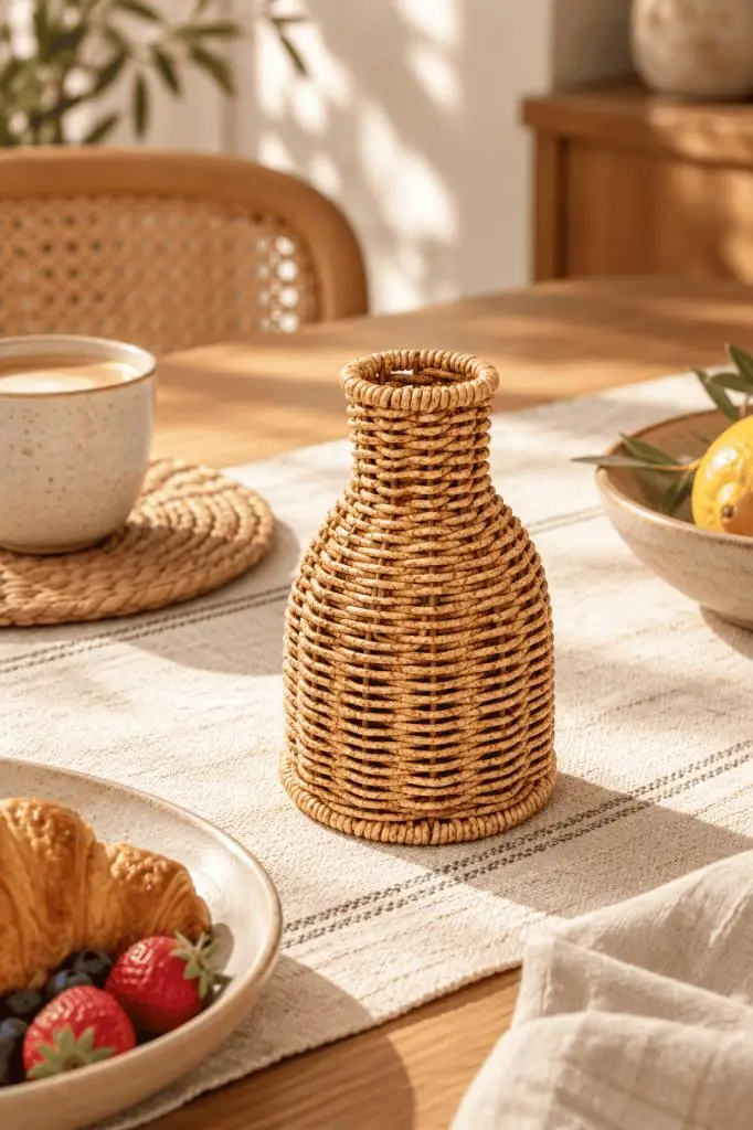 Atbyhome Doğal Hasır Rattan Çiçek Vazosu 16 cm - Masa Üstü Dekoratif El Örgüsü Küçük Kuru Çiçeklik Vazo