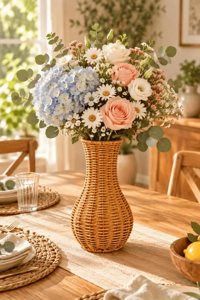 Atbyhome Doğal Hasır Rattan Çiçek Vazosu 25.5 cm - Masa Üstü Dekoratif El Örgüsü Kuru Çiçeklik Ve Saksı