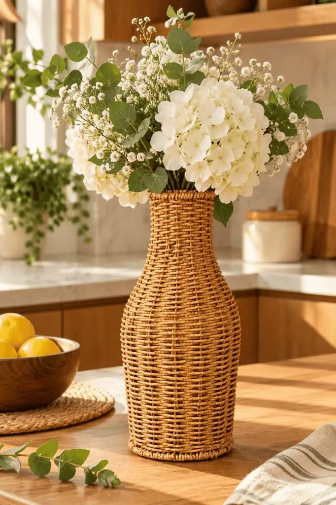 Atbyhome Doğal Hasır Rattan Çiçek Vazosu 25.5 cm - Masa Üstü Dekoratif El Örgüsü Kuru Çiçeklik Ve Saksı