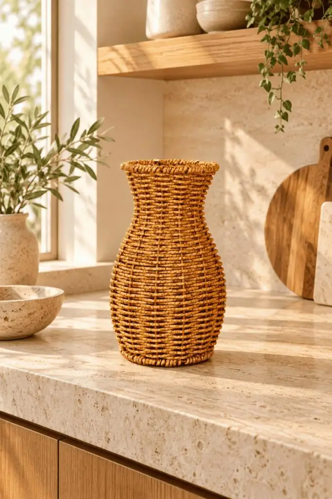 Atbyhome Doğal Hasır Rattan Çiçek Vazosu 26 cm - Masa Üstü Dekoratif El Örgüsü Kuru Çiçeklik Ve Saksı