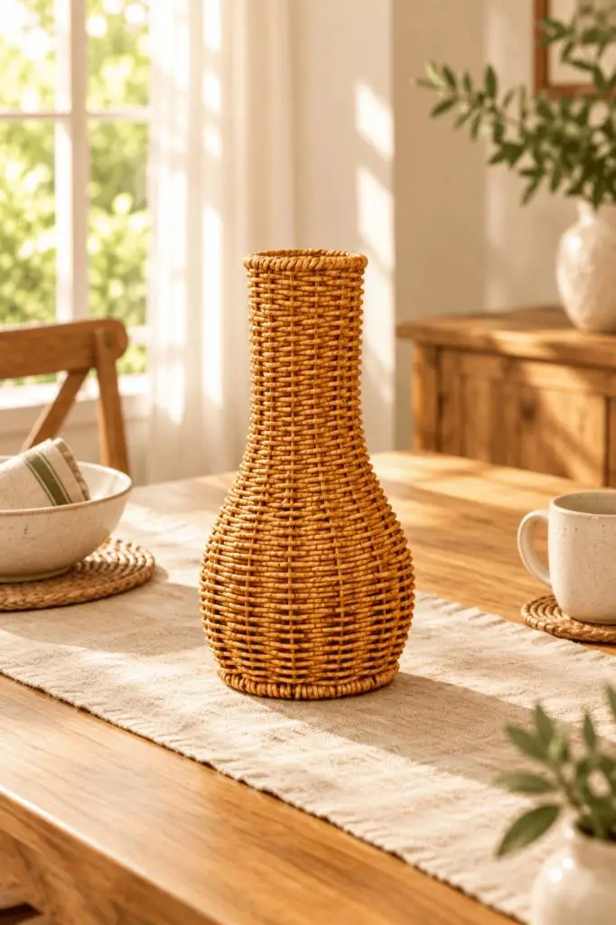 Atbyhome Doğal Hasır Rattan Çiçek Vazosu 27 cm - Masa Üstü Dekoratif Bohem El Örgüsü Kuru Çiçeklik Vazo
