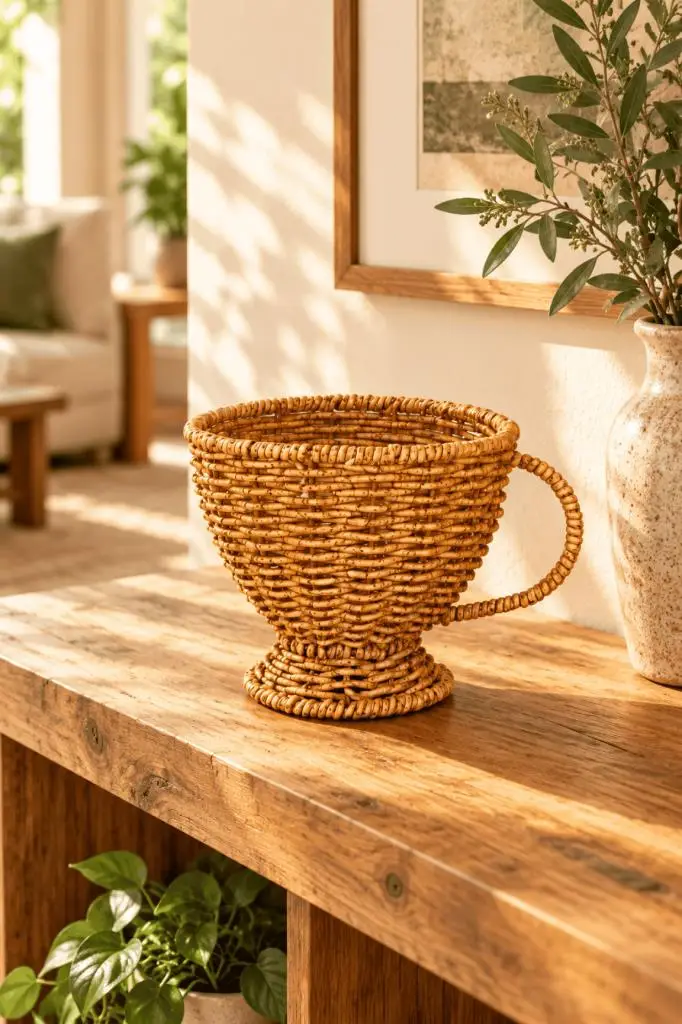 Atbyhome Doğal Hasır Rattan Kupa Formunda Ayaklı Sepet 15x13 cm - Kulplu Masa Üstü Ekmeklik Ve Meyvelik