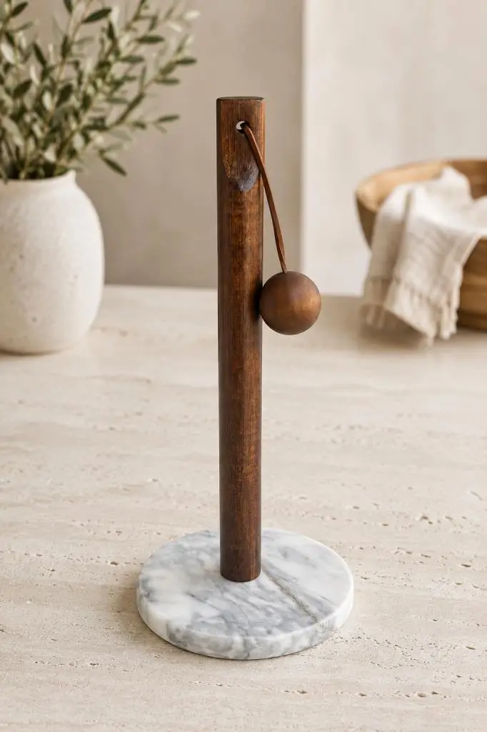Atbyhome Doğal Mermer Tabanlı Masif Akasya Kağıt Havluluk 30 cm - Deri İpli Ahşap Toplu Rulo Havlu Standı