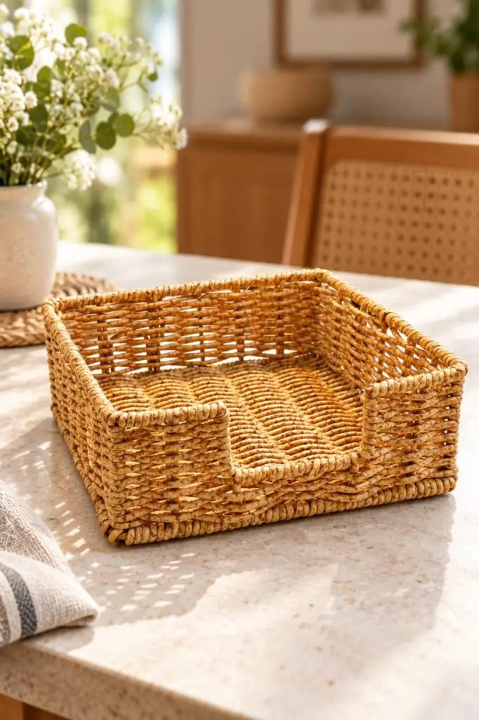 Atbyhome Hasır Rattan Kare Peçetelik 18x18x6.5 cm - Masa Üstü Kolay Çekme Oyuklu Peçete Sunum Sepeti