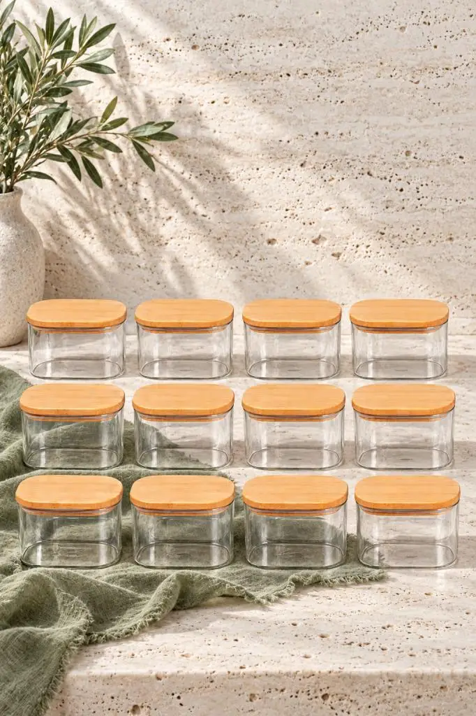 Atbyhome Multy 12'li Bambu Kapaklı Cam Saklama Kabı 600ml