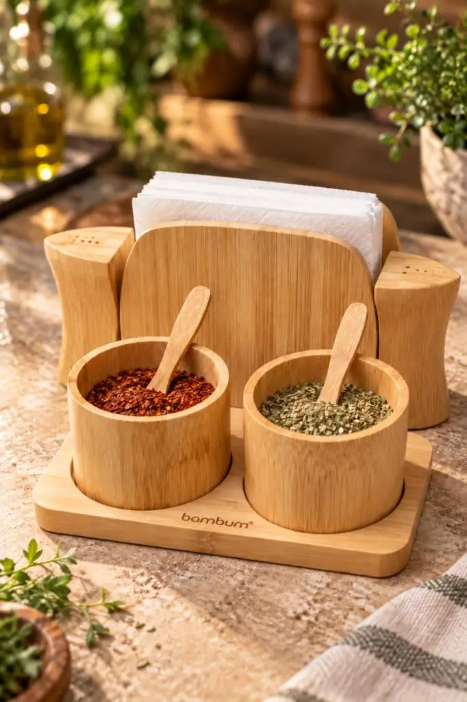 Atbyhome Bambum Doğal Bambu Masa Üstü Baharatlık Peçetelik Tuzluk Seti - Kaşıklı Baharat Kasesi Ve Servis Standı Takımı