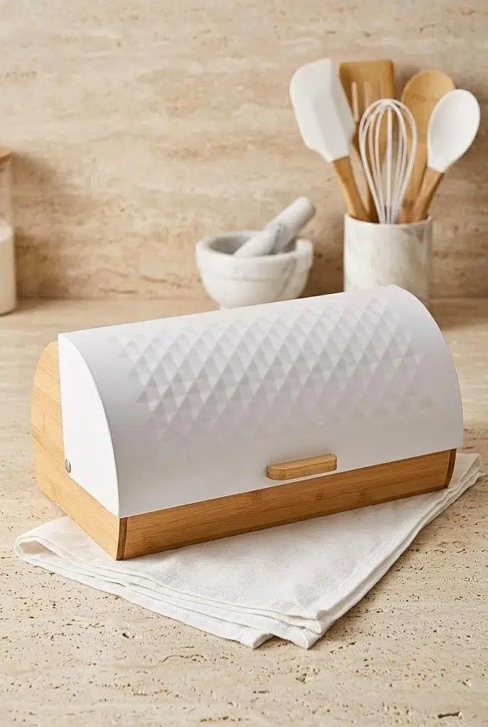 Bambu Gövdeli Beyaz Pane Ekmek Dolabı 38x25x18.5 cm - Mekanizmalı Metal Kapaklı Ekmeklik