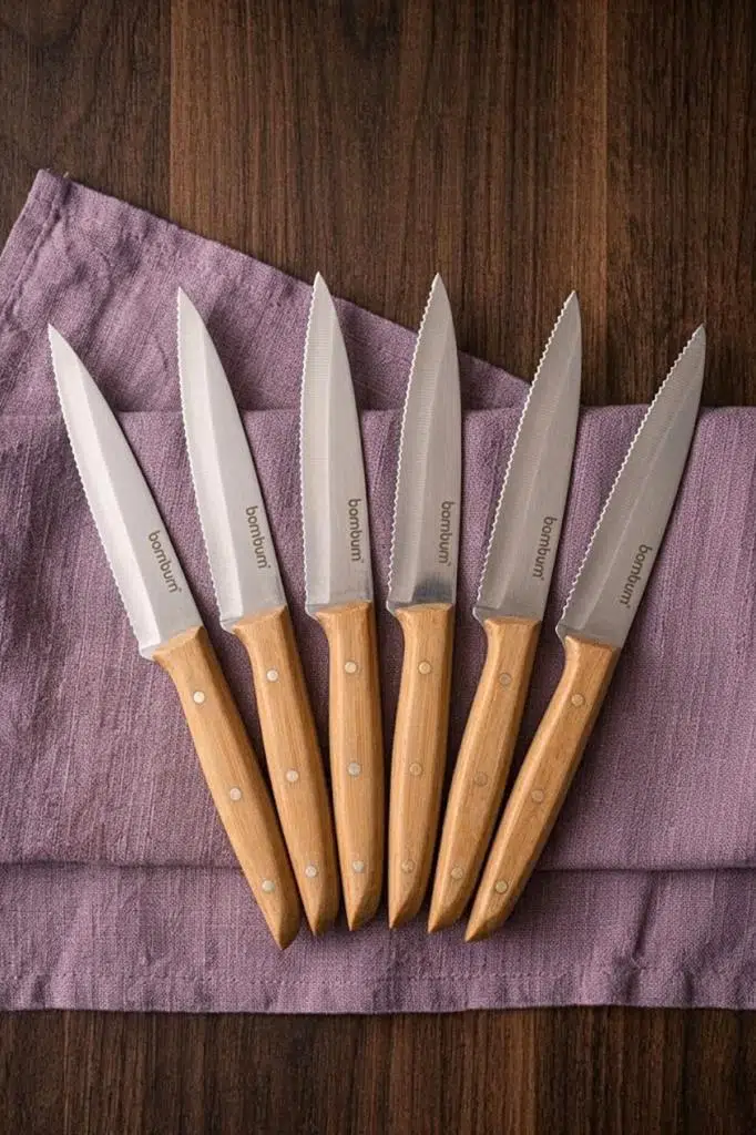 Bambum Gea 6'lı Bambu Saplı Steak Bıçağı Seti 21.5 cm - Paslanmaz Çelik Lazer Tırtıklı Et Bıçağı