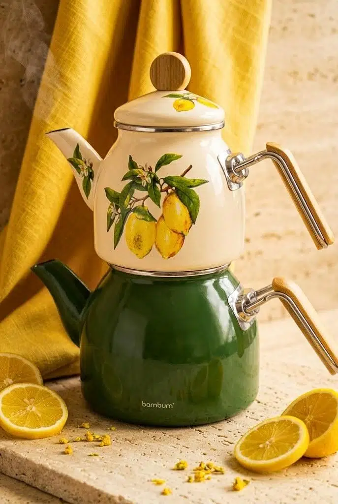 Bambum Unique - Bambu Kulplu Emaye Çaydanlık Takımı Limon