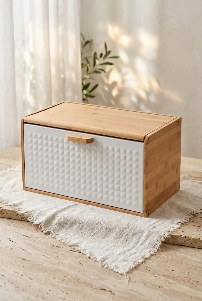 Atbyhome Çift Açılır Kapaklı Doğal Bambu Ekmek Kutusu 35.5x23.5x21 cm - Beyaz Mat Metal Tezgah Üstü Ekmeklik