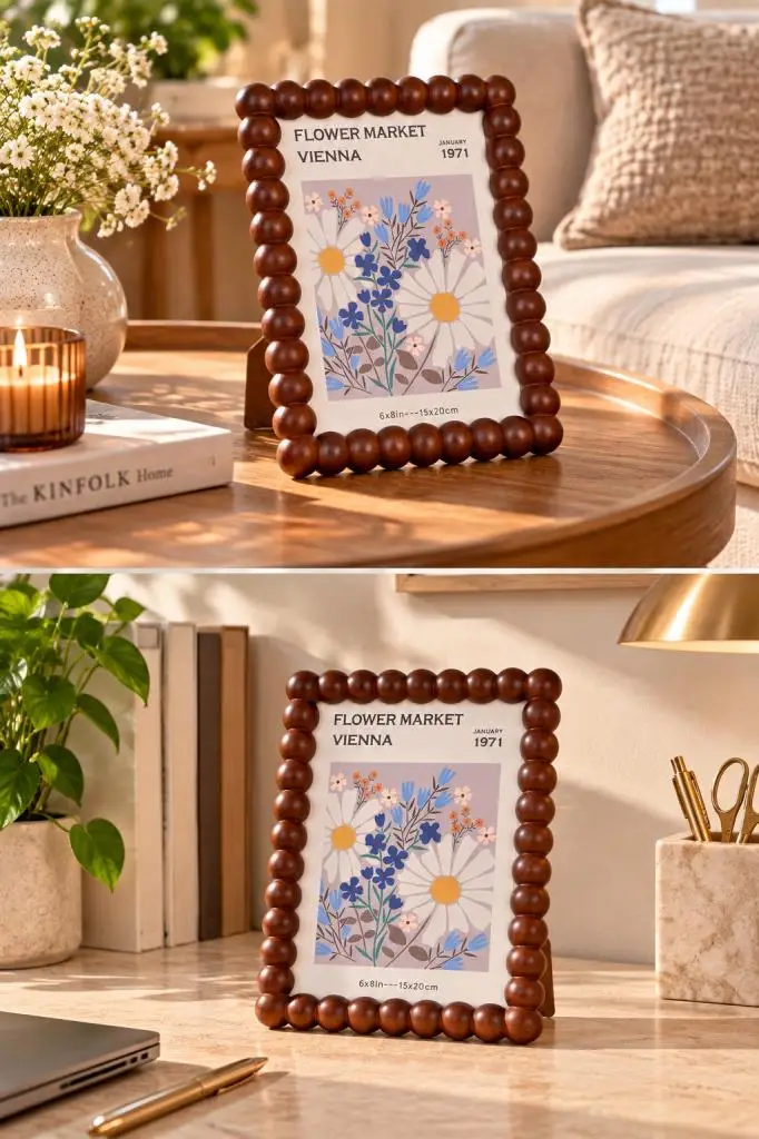 Atbyhome Akasya Ahşap Boncuk Çerçeve 15x20 cm - Top Boncuklu Masa Üstü Fotoğraf Çerçevesi Ve Sanat Tablosu