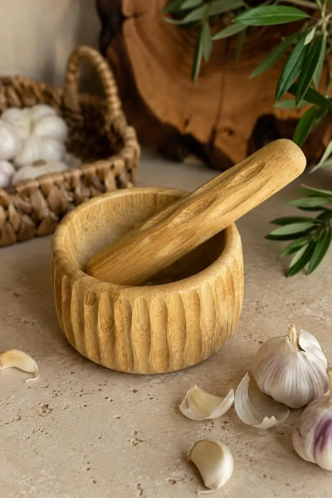 Doğal Bambu Çizgili Havan Ve Tokmak Seti 11x6.5 cm - Sarımsak Baharat Ezici Ve Öğütücü Ahşap Havan Takımı