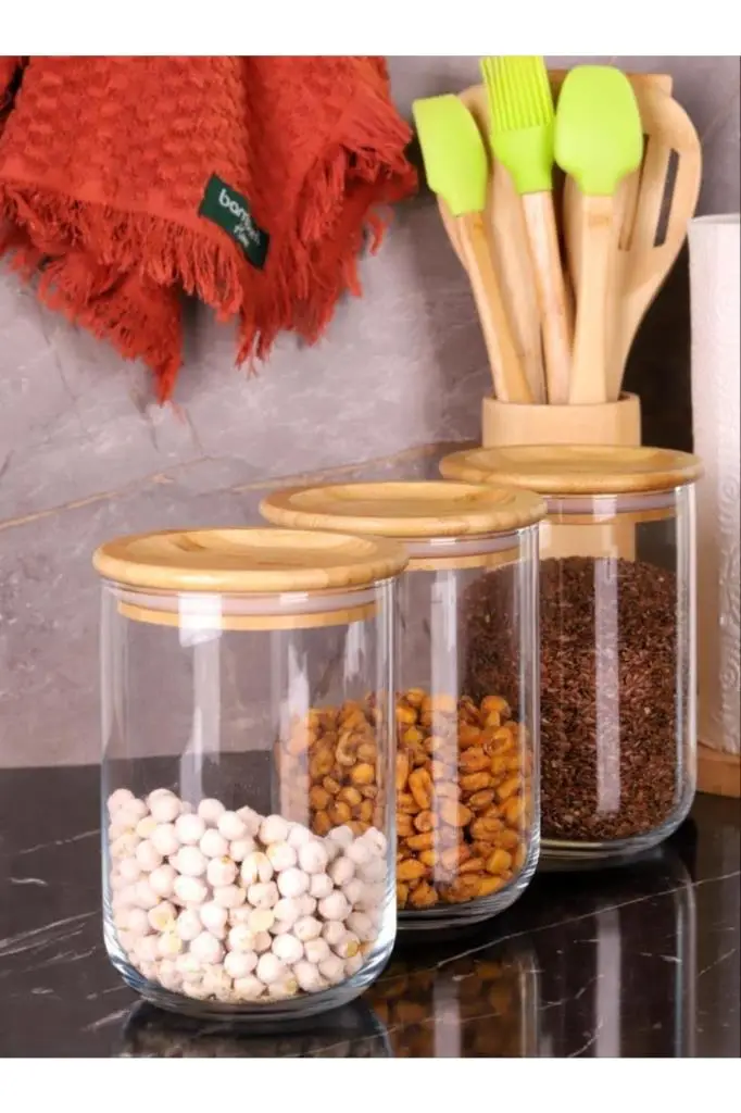 Bambum Duo 900ml 3'lü Saklama Kabı-bambu Kapaklı Cam Baharatlık